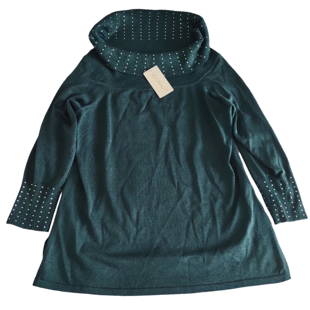 Questions 2X Metallic Rhinestone Ribbed Trim Turtleneck Green Sweater